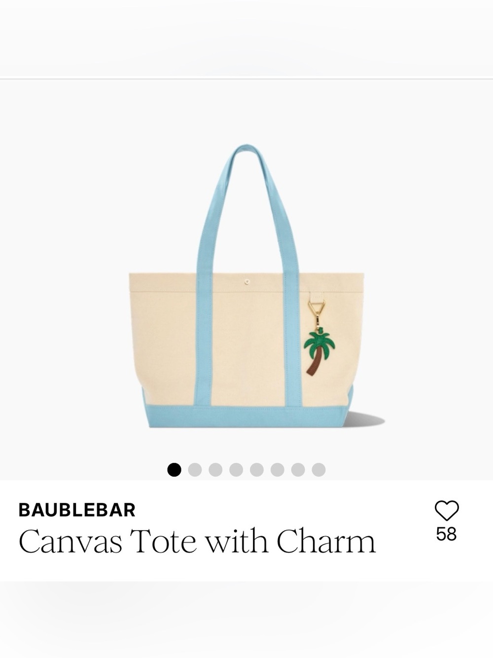 NEW BaubleBar Cream Canvas Tote with Light Blue Trim and Palm Tree Charm